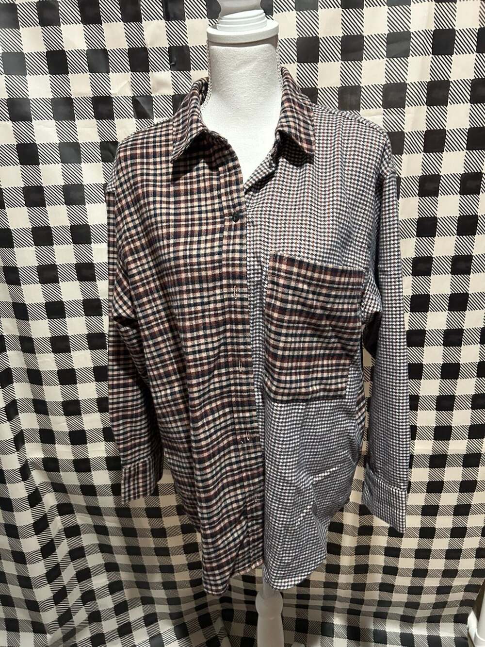 Abercrombie & Fitch Oversized Mixed Plaid & Houndstooth Flannel Button Up Shirt